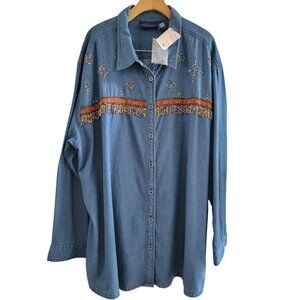 CST Blues Womens Western SouthWestern Denim Shirt Blouse Plus Size 3X New Beaded